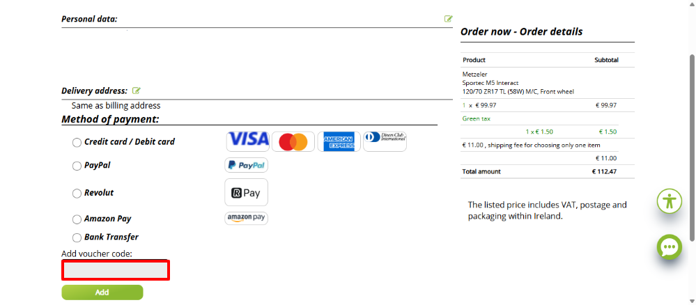 Moto-Tyres discount code box shown surrounded by a red box