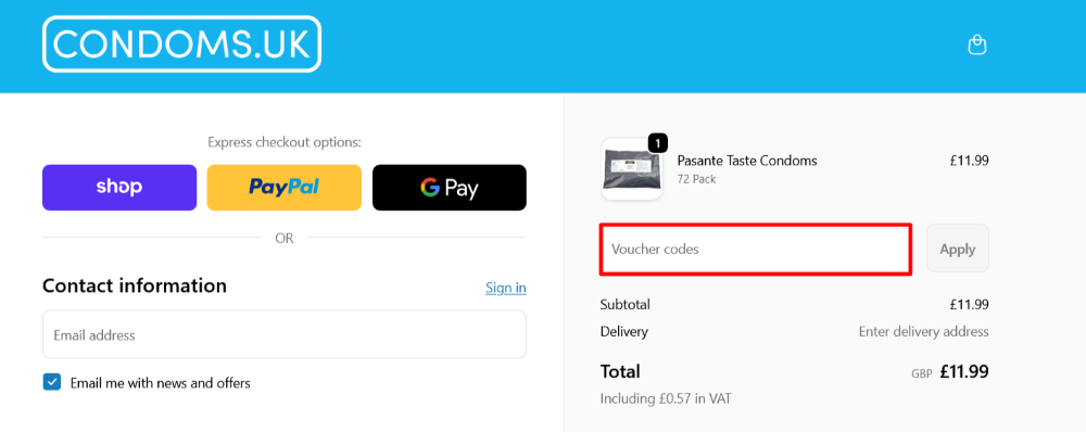Condoms.uk checkout page with the voucher codes box in a red line