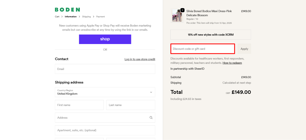 The checkout page shows where to apply your Boden discount code