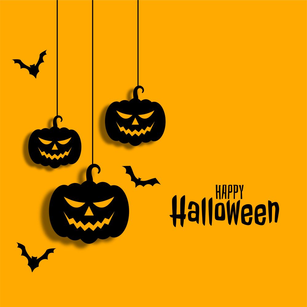 BLACK HALLoween decorarted pumpkins hanging near a bat on an orange ackground