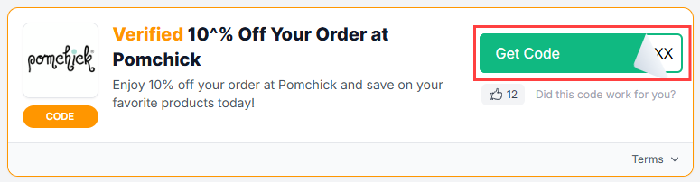 A Pomchick voucher code with "Get Code" in a red box