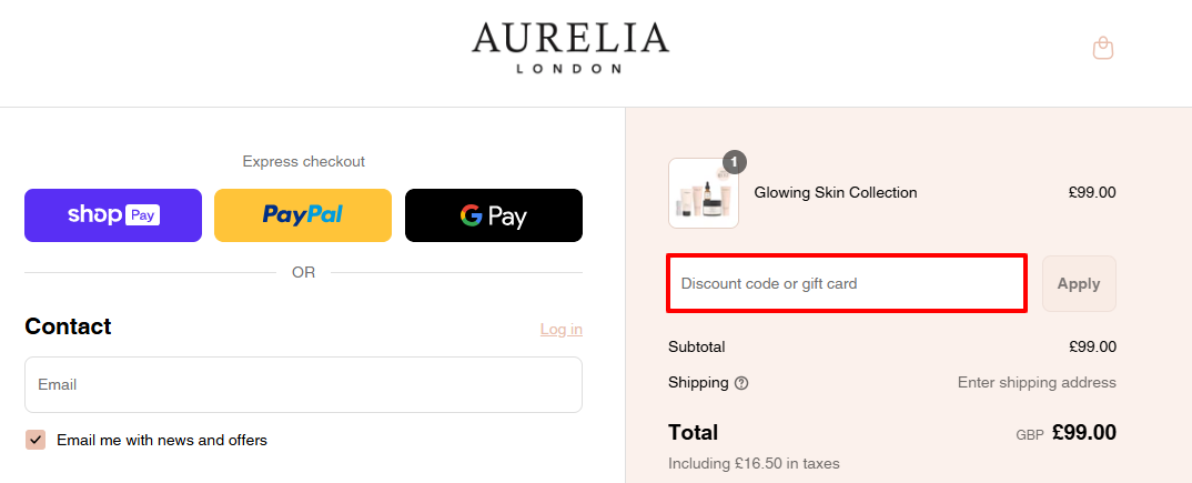 The Aurelia London checkout page with where to paste the Aurelia London voucher code in a red box.