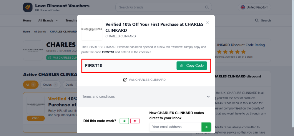 Love Discount Vouchers CHARLES CLINKARD voucher code that you can see highlighted by a red box