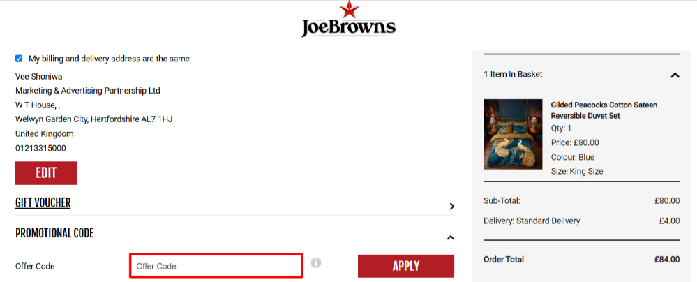 Pasting a promo code on Joe Browns in the offer code box