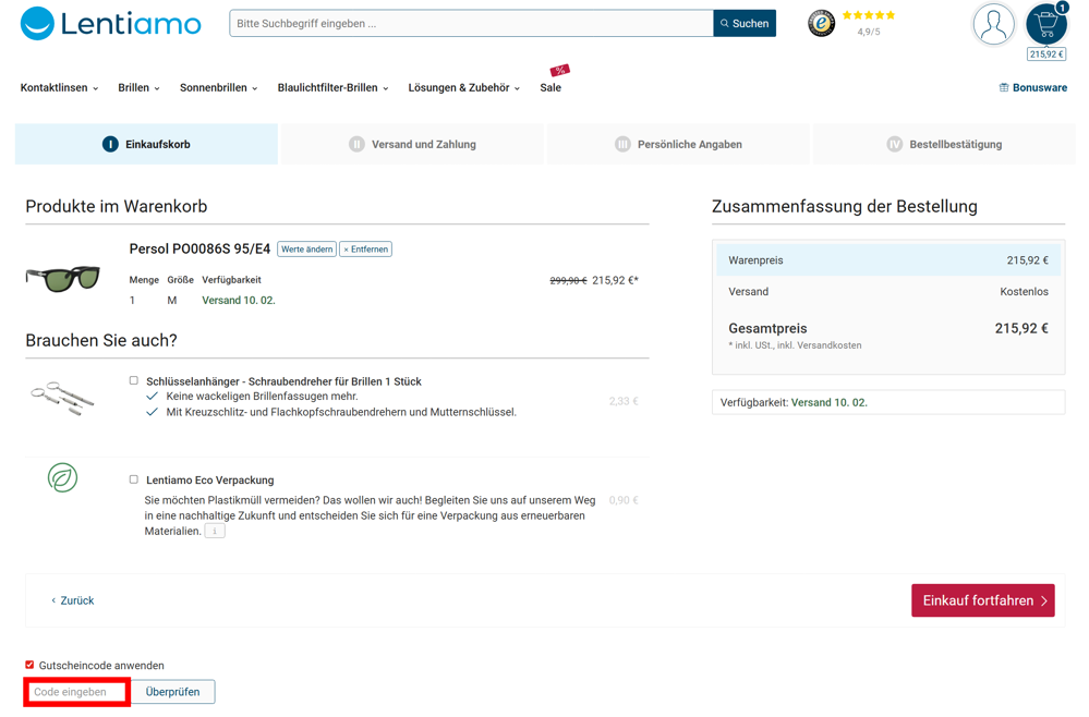Warenkorb von 321linsen mit einem rotmarkierten Eingabefeld für Gutscheincodes
