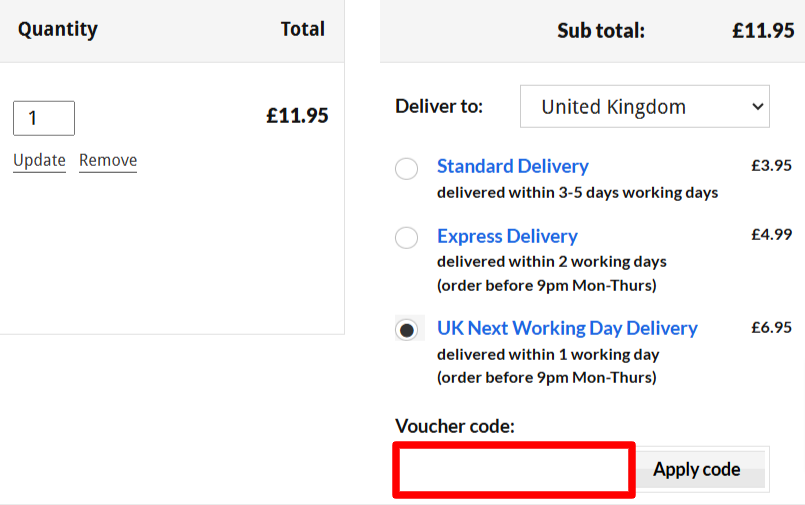 The checkout page showing delivery details and the discount code box highlighted with a red box