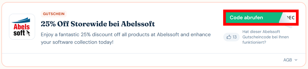 Angaben zu einem Gutschein für Abelssoft mit einem rotmarkierten grünem Button