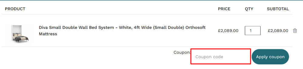 The order summary page with where to paste the HIDEAWAYBEDS voucher code in a red box
