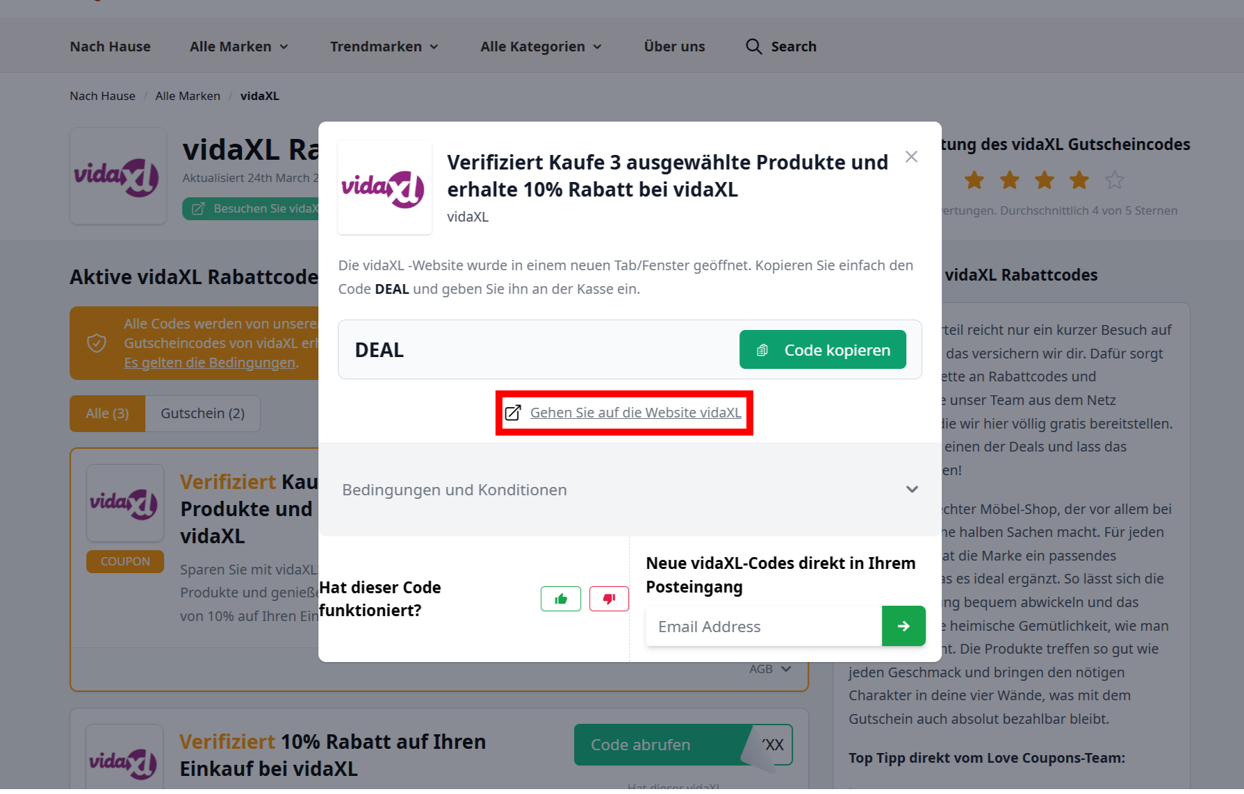Ein offener Gutscheincode von vidaXL mit rotmarkiertem Link