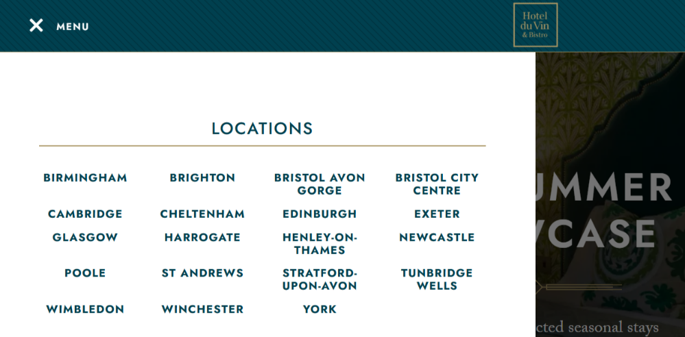 Different locations that have Hotel Du Vin hotels that shows during the booking process