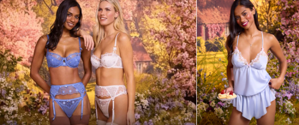 2 ladies wearing the Boux Avenue lingerie sets with flower backdrop