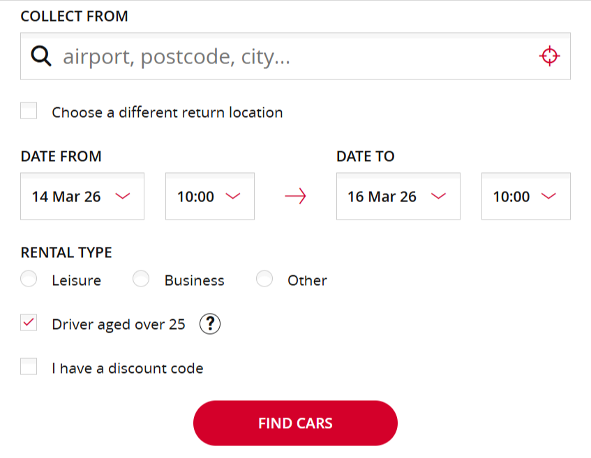 The Avis homepage with where to fill in the booking details