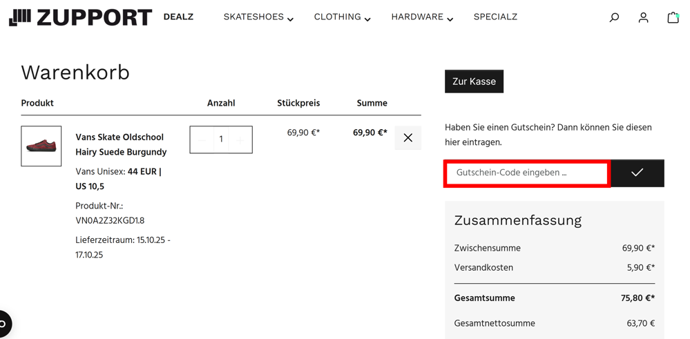 Check-out von ZUPPORT mit einem rotmarkierten Eingabefeld für Gutscheine