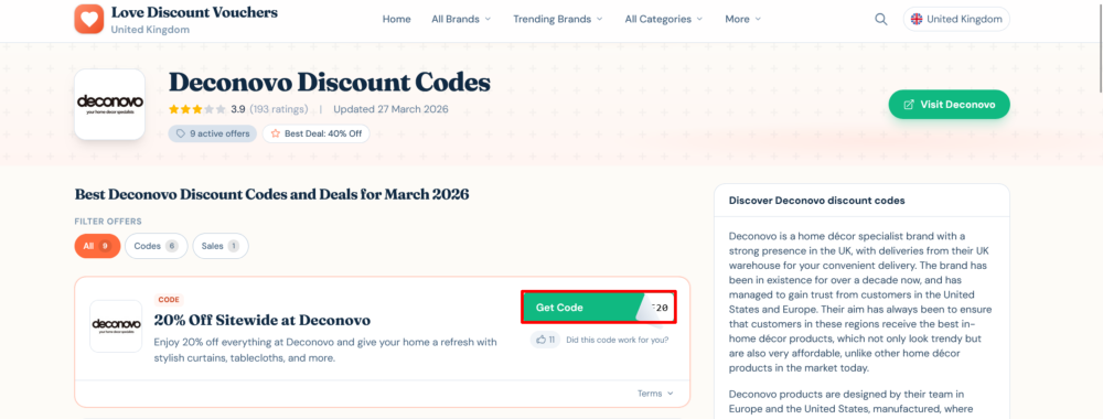 Deconovo Love Discount Vouchers page where a discount code is copied