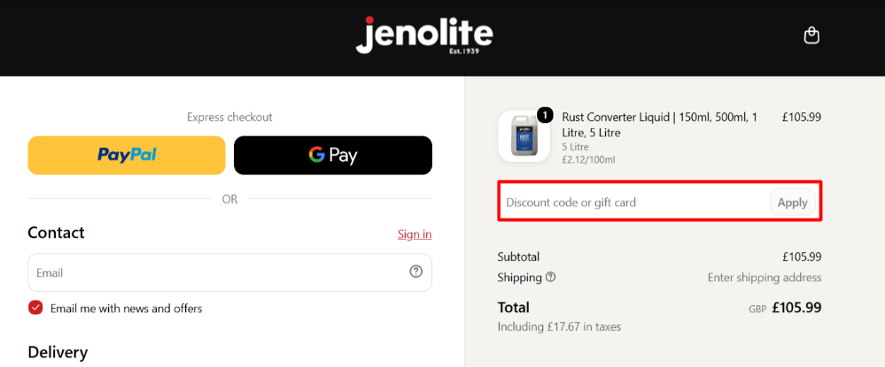 Applying a Jenolite promo code in the discount code box highlighted with a red box