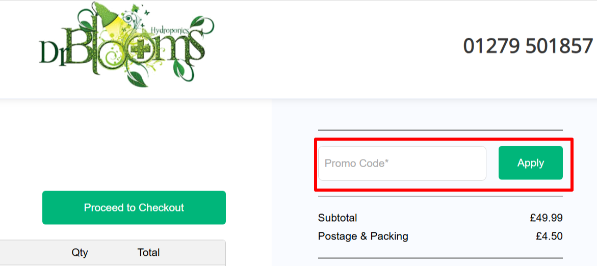 Dr Blooms discount code, red-marked box to paste the code and redeem it