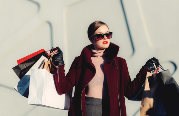A woman holding shopping bags she received after shopping online