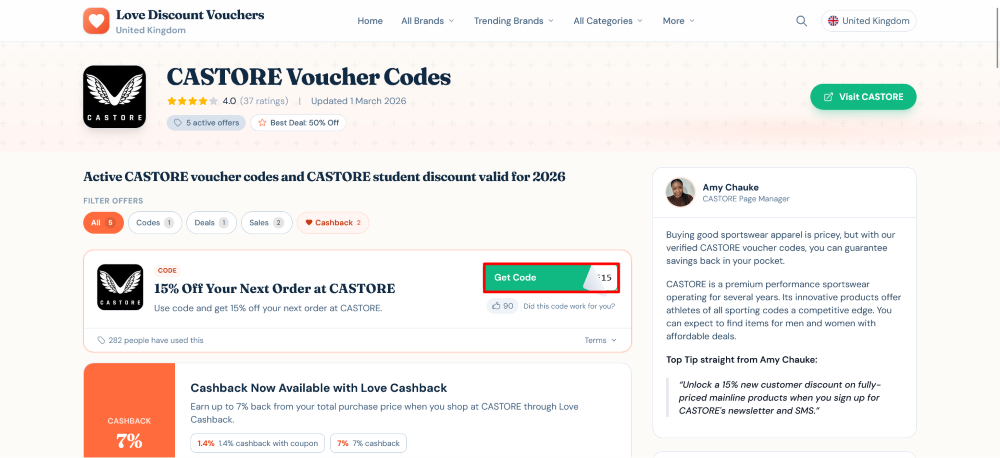 How to use a CASTORE discount code CASTORE Love Discount Vouchers page where an offer is selected