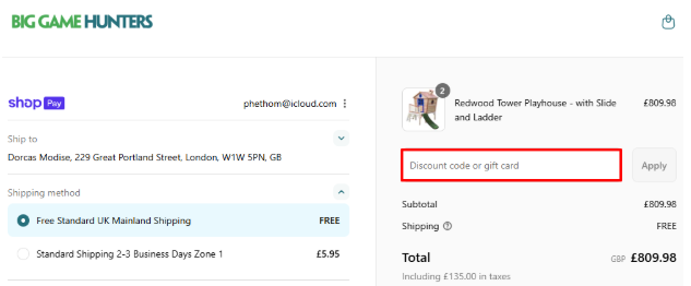 A red box is where you enter your Big Game Hunters voucher code