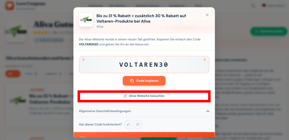 Ein offener Gutschein für Aliva auf der Love Coupons-Seite mit rotmarkiertem Link