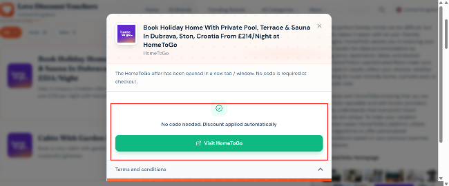 HomeToGo offer page where no code is required to redeem your offer
