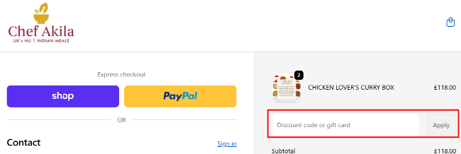 A box where you can add your Chef Akila promo code to redeem it