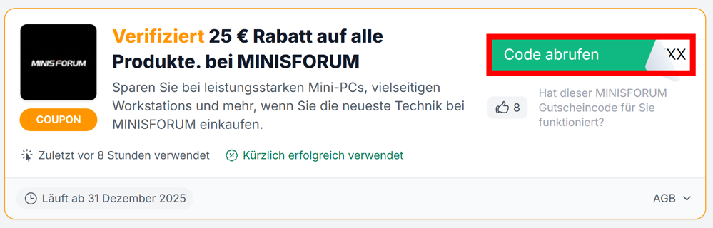 Angaben zu einem MINISFORUM Gutschein mit einem rotmarkierten grünen Button