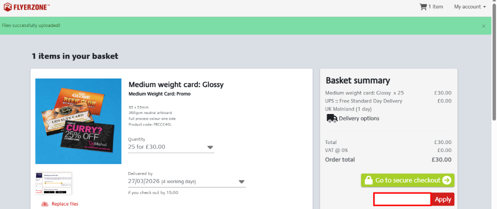 Apply your Flyerzone discount code to the box surrounded in red