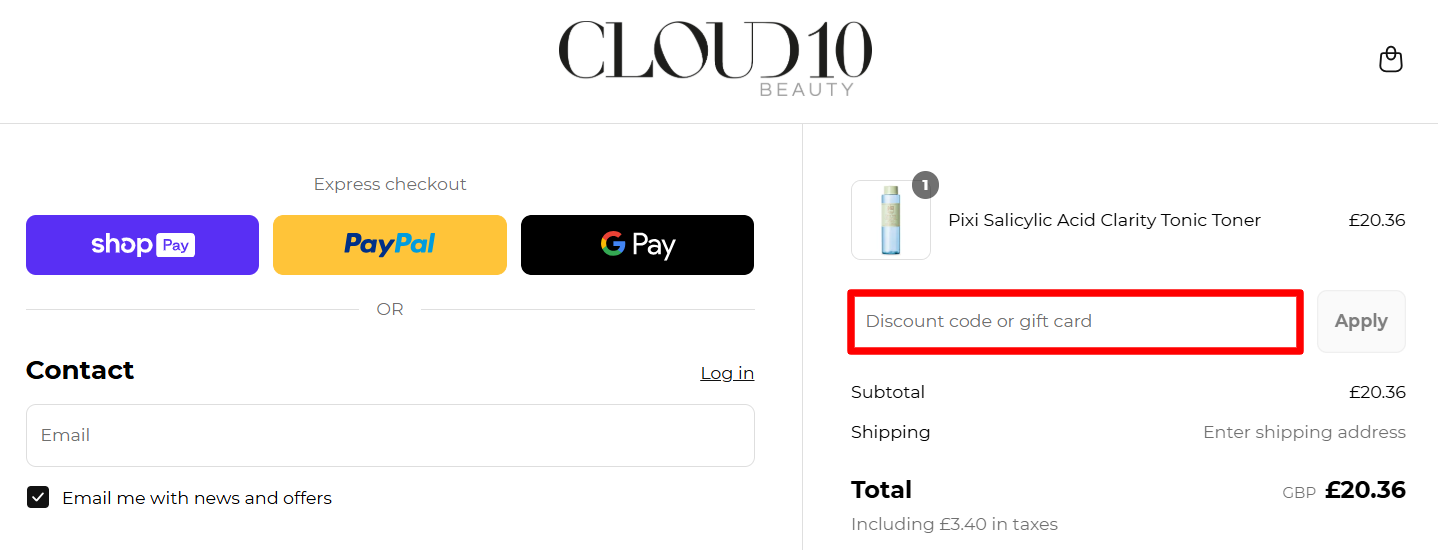 The Cloud 10 Beauty checkout page with the discount code box highlighted with a red box
