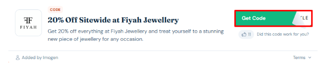 A box will show the Fiyah Jewellery voucher code to use on your purchase
