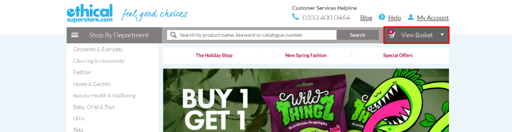 The Ethical Superstore website and the categories, with the shopping cart highlighted with a red box