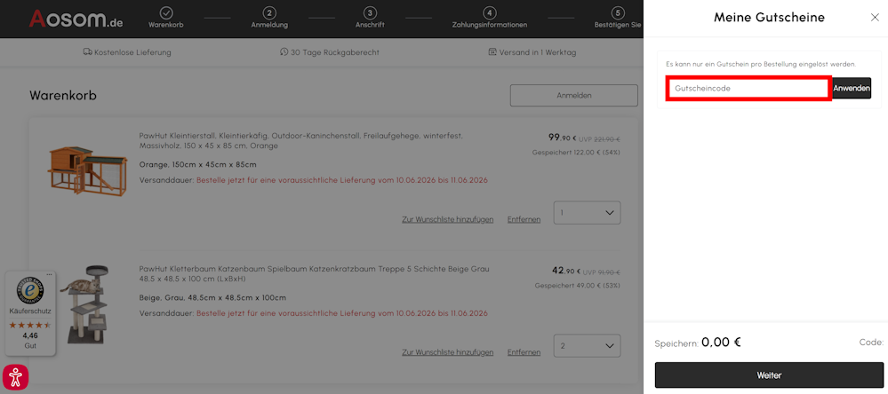 Warenkorb von Aosom mit rotmarkiertem Eingabfeld für Gutscheincodes