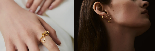 A collage of a hand with a ring on the index finger and a woman's side face with a heart earring