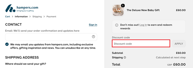 image showing the hampers.com checkout page