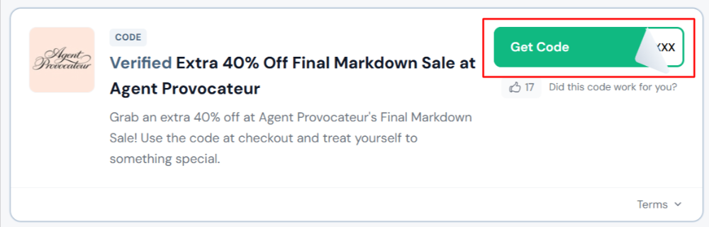 A Agent Provocateur promo code with "Get Code" in a red box