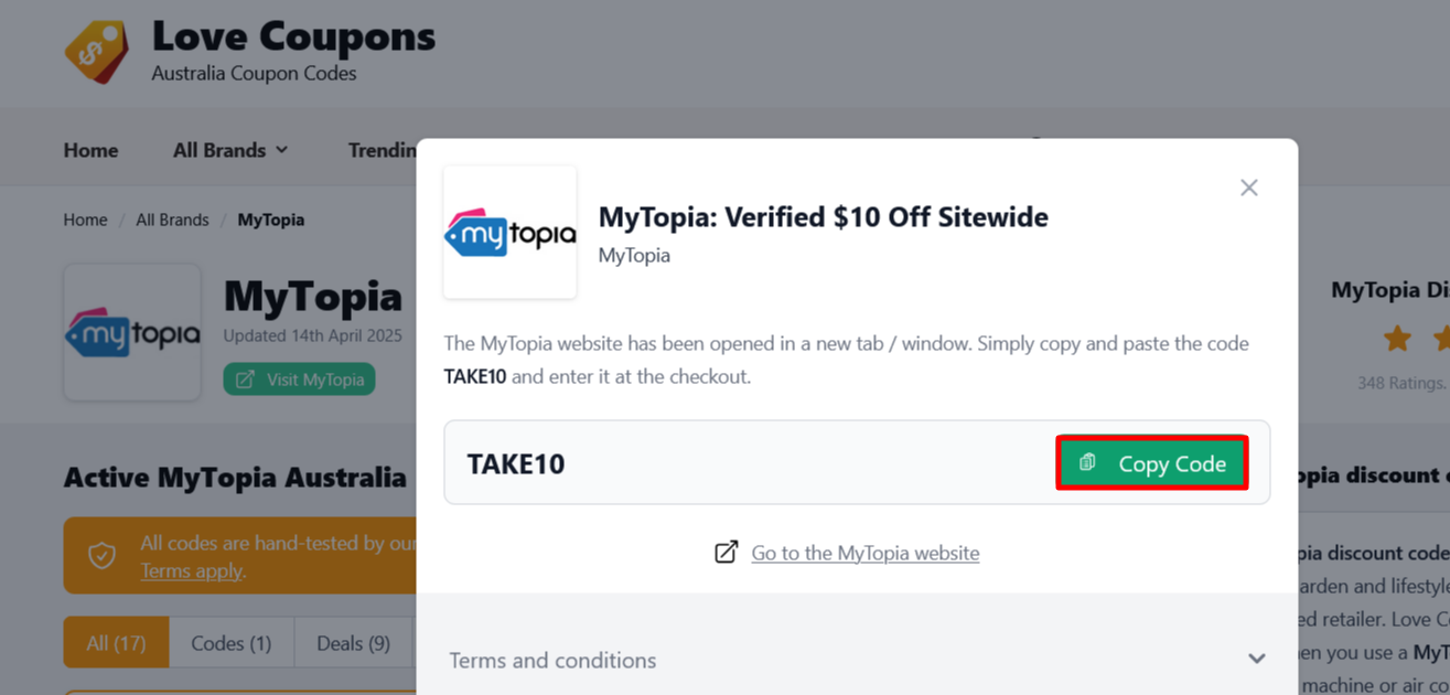MyTopia page on Love Coupons where to copy your code