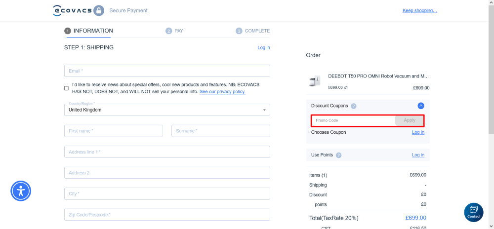 ECOVACS checkout page where a promo code is pasted