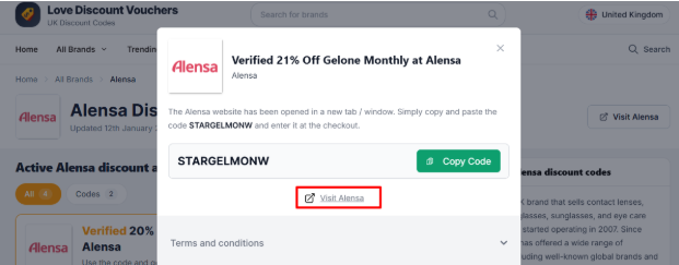 A red box shows the link to the Alensa website