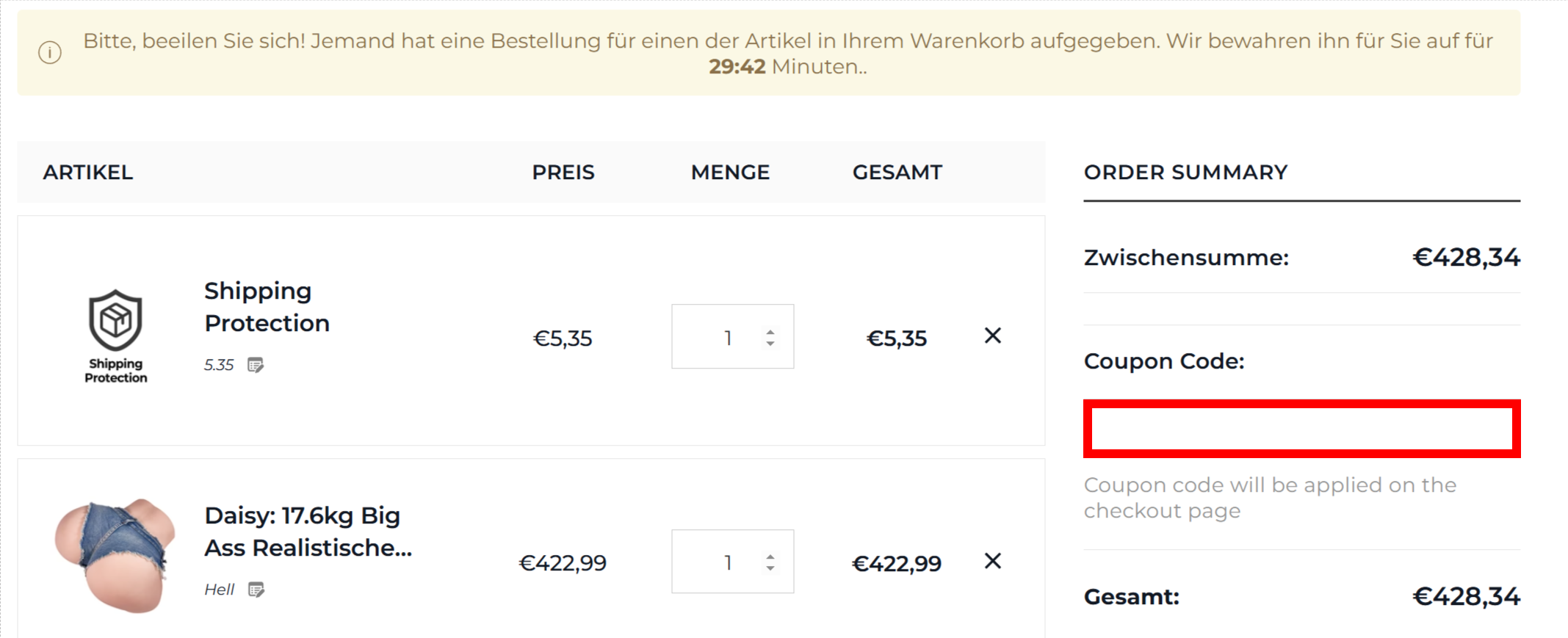 Warenkorb von Tantaly mit einer rotmarkierten Stelle für einen Coupon Code