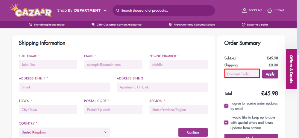 Cazaar's checkout page where you enter your Cazaar discount code