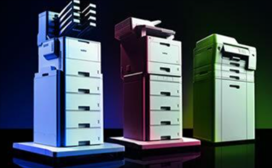 Three printer towers with different colour schemes and design