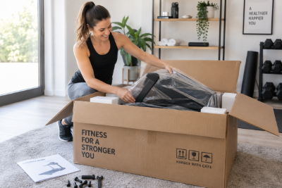 A woman unboxing a new fitness machine at home with assembly instructions and parts on the floor