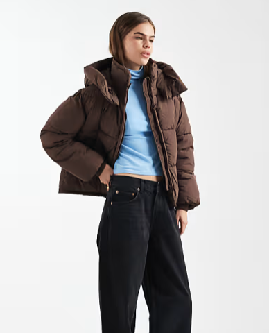 Dark brown coats: A model wearing a chocolate hooded puffer jacket