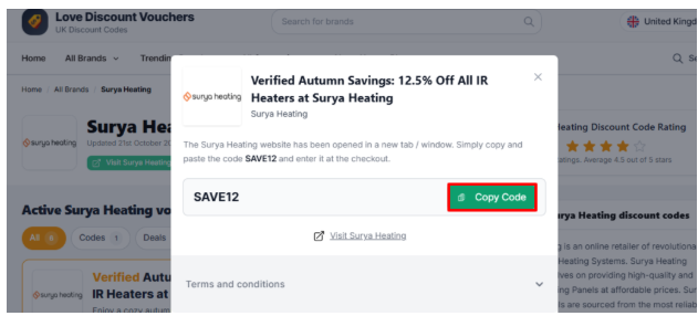 the red box to copy a Surya Heating promo code