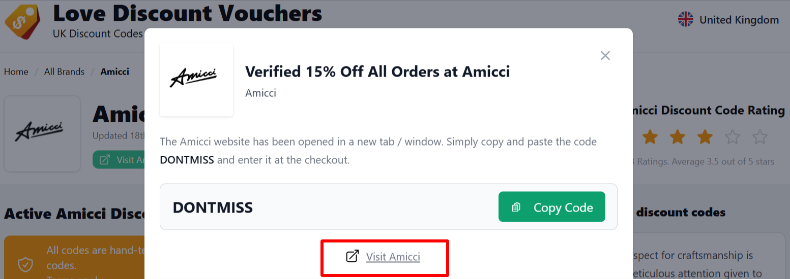 The highlighted red box shows the link that takes you to the Amicci website