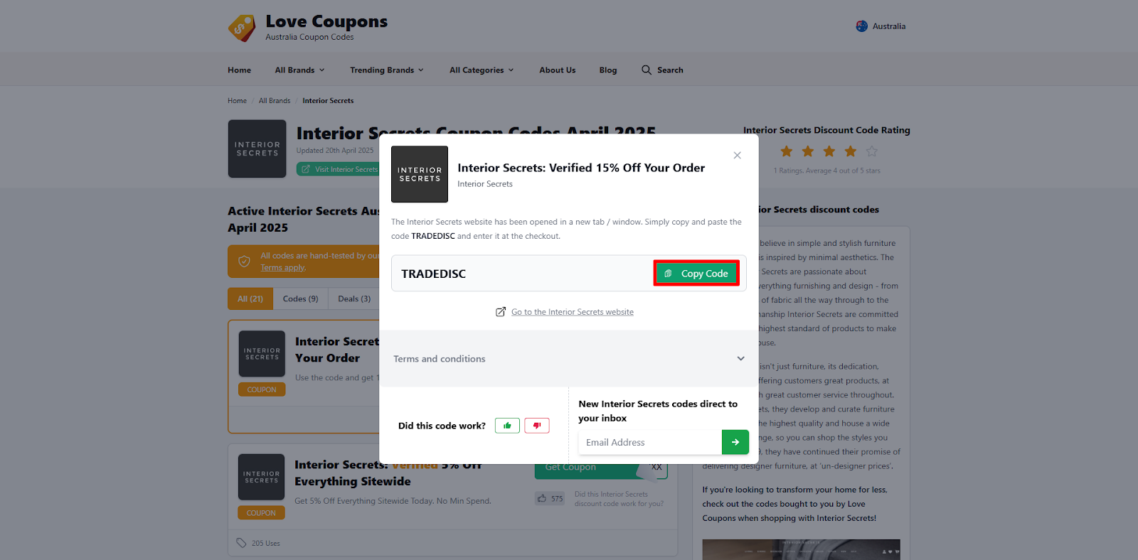 A pop-up displaying an Interior Secrets promo code and its terms and conditions