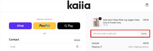 KAIIA shop checkout page where you can enter your details and codes