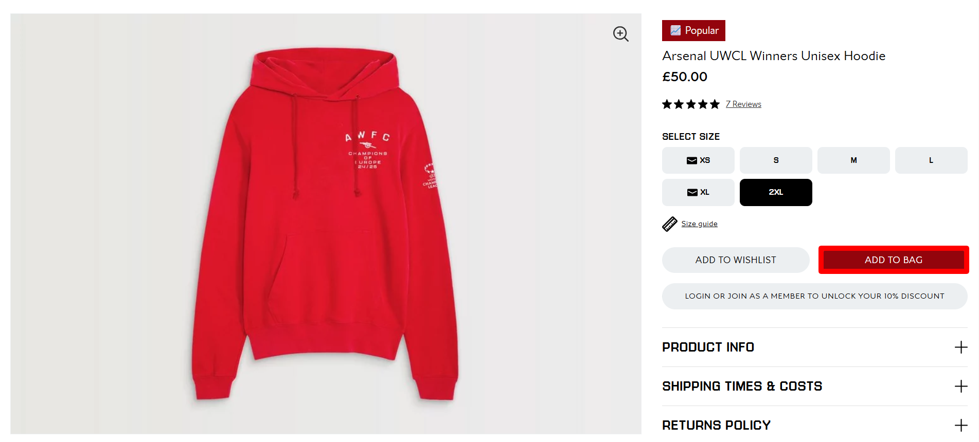 An Arsenal product description page with the “Add To Bag” button highlighted with a red box