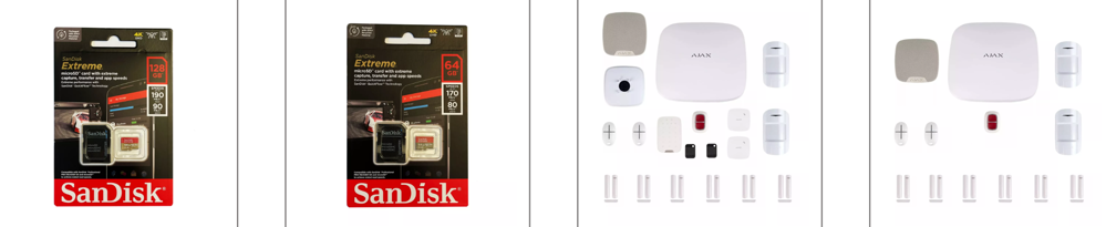 ZWei Verpackte Speicherkarten und zwei Alarmzentralen von Blick Store