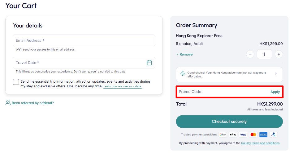 Order summary tab where you can apply your Go City promo code